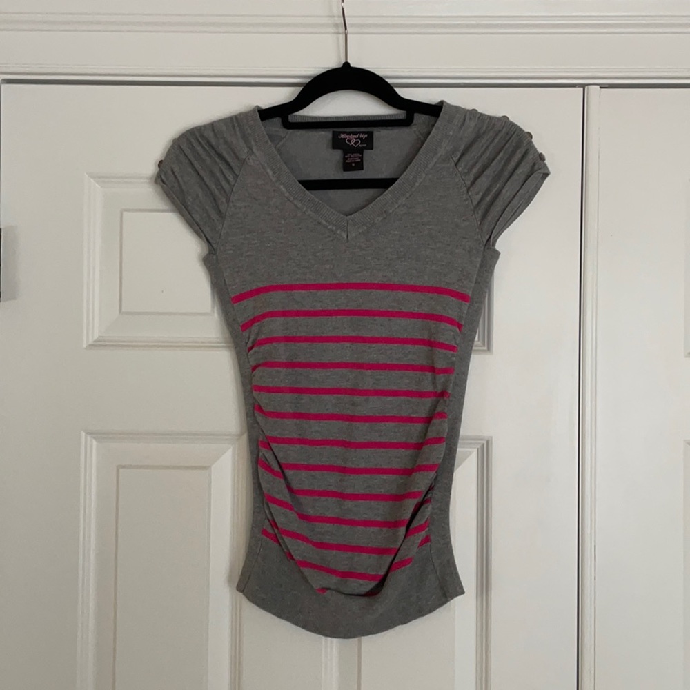 Ruched top grey with pink stripes